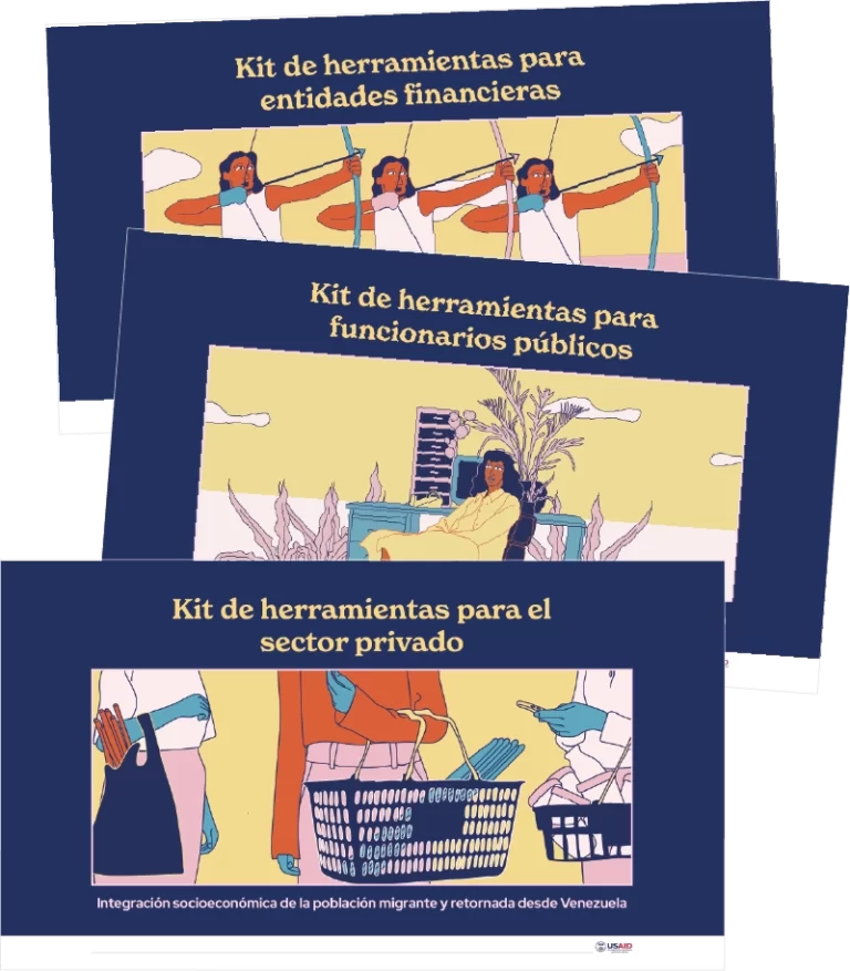 3 cuadros con ilustraciones apilados uno sobre otro, representando las "cajas de herramientas" desarrolladas. En orden descendiente leen "Kit de herramientas para entidades financieras", "Kit de herramientas para funcionarios públicos" "Kit de herramientas para el sector privado"