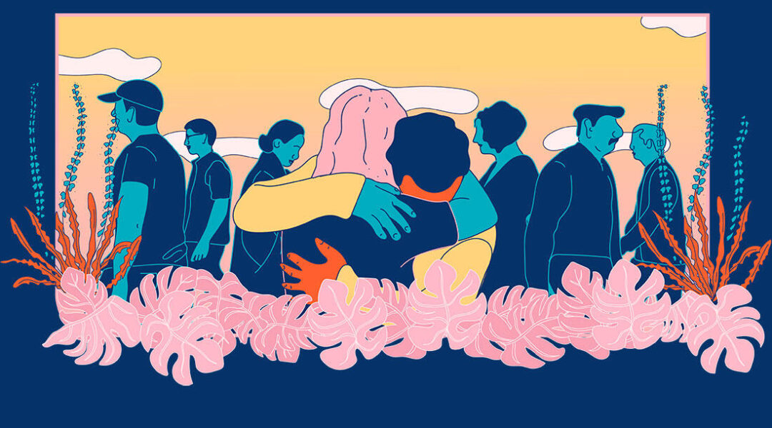 Ilustración de personas caminando, en plano medio una mujer y un hombre se abrazan, la parte inferior de la imagen, en primer plano está enmarcada por monsteras