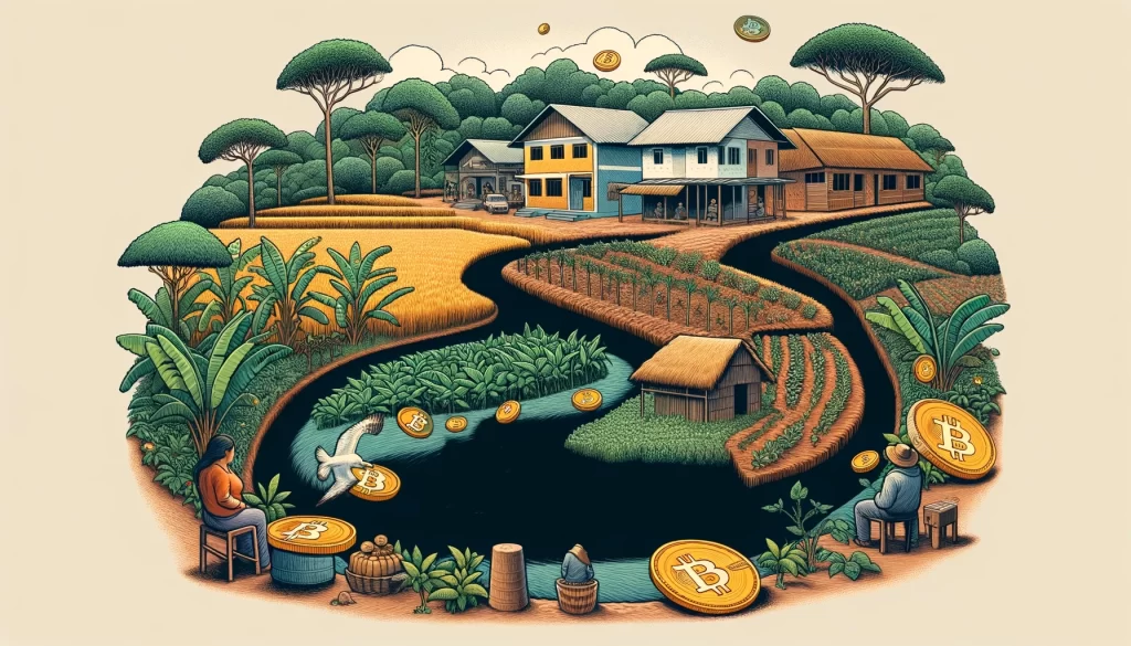 An AI generated landscape of a permaculture farm with people around a body of water and bitcoin labeled coins floating