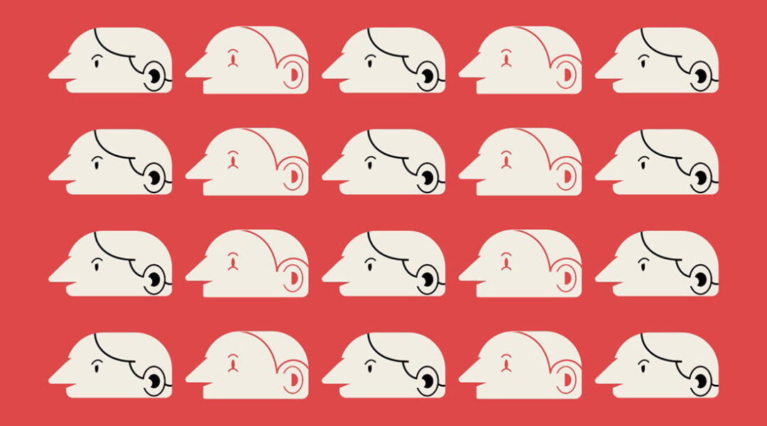 Ilustración abstracta en un estilo ligero, en un fondo naranja salmón, en una rejilla de 5x4, columnas de perfiles, exactamente iguales excepto porque los impares tienen un seño fruncido y flequillo y están dibujados en lineas negras, mientras las columnas pares, el mismo perfil sugiere una sonrisa, no tiene flequillo y está dibujado en líneas del mismo color del fondo