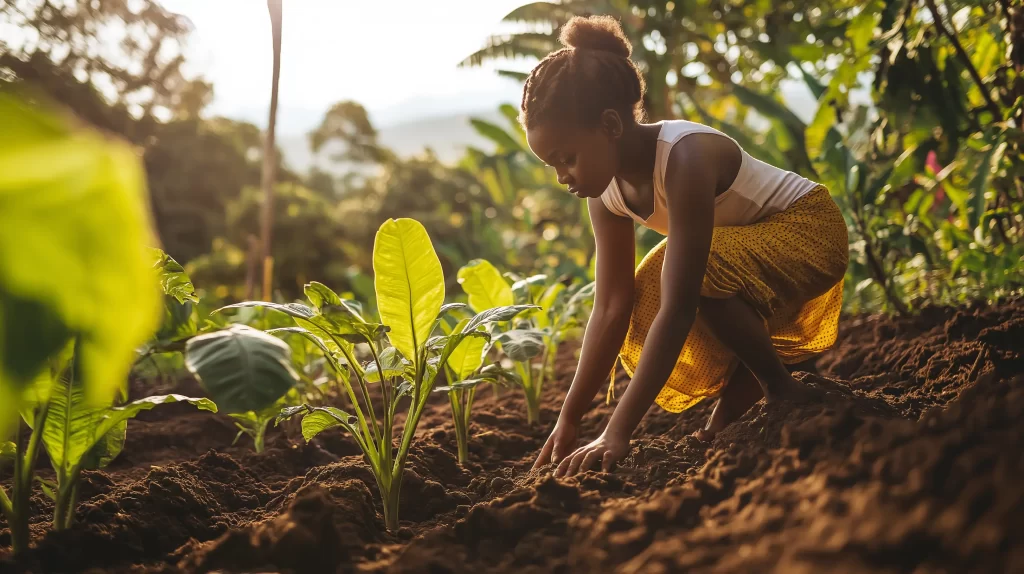 A young Layla, 10 years old, learning about regenerative agriculture from an elder farmer.