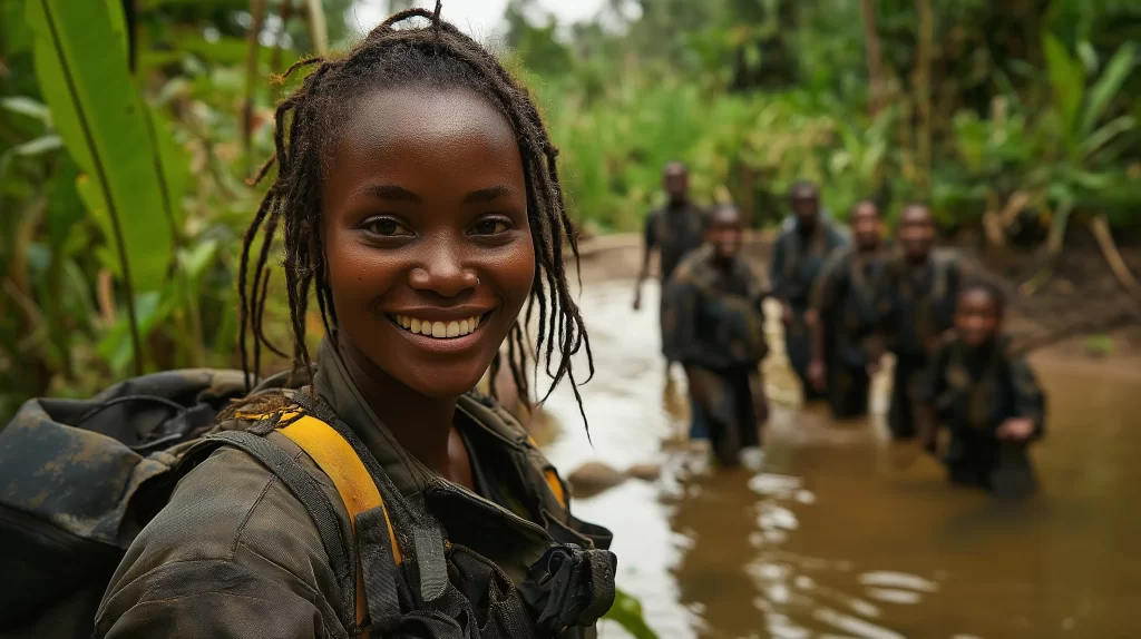 Layla in a restored rainforest, surrounded by her team celebrating their success.