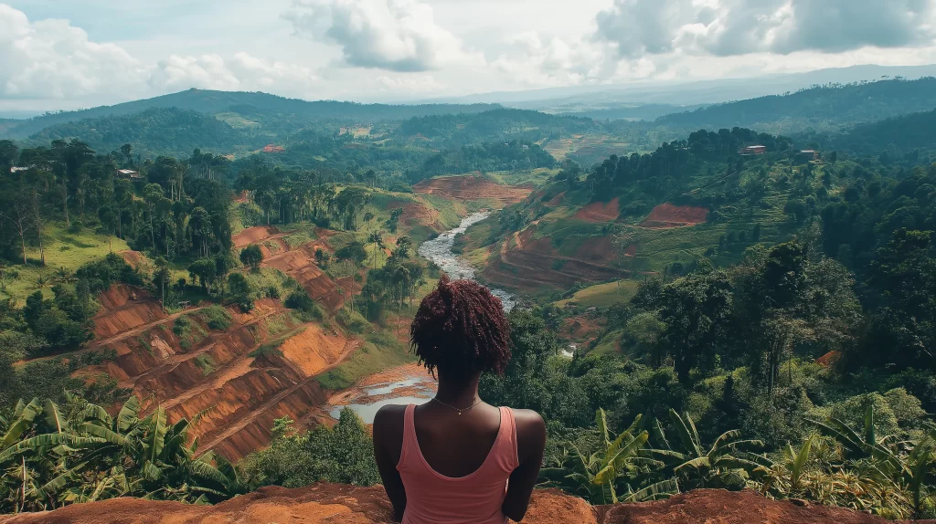 Layla admiring a bioregenerated old open-sky mine, with forests, clean rivers, and thriving communities.