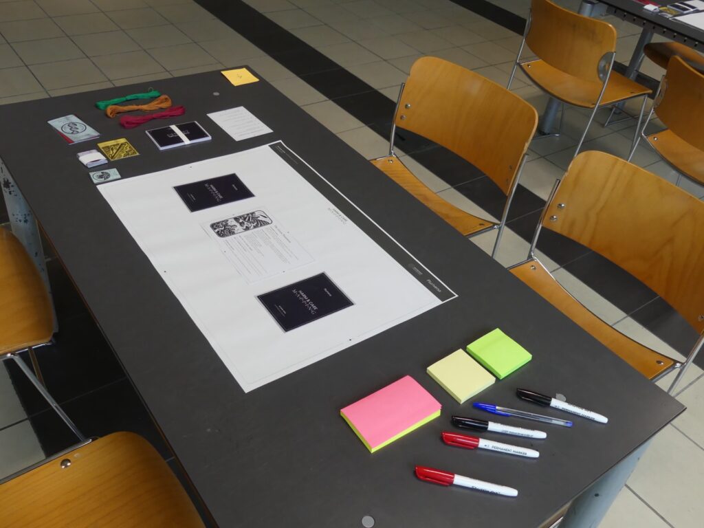 A table set with the Harm and Care map, role cards, markers and sticky notes